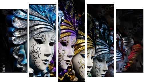 Row of venetian masks in gold and blue - Five-piece canvas print, Pentaptych