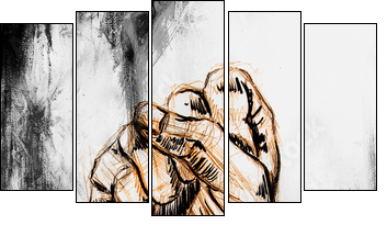 fist drawing, pencil sketch on paper, Color effect. - Five-piece canvas print, Pentaptych