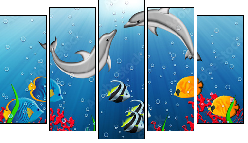 Underwater world with dolphins and tropical fishes - Five-piece canvas print, Pentaptych