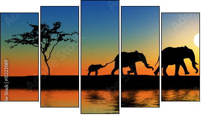 Family of elephants. - Five-piece canvas print, Pentaptych