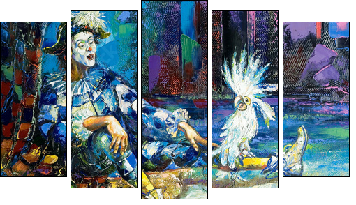 The harlequin and a white parrot - Five-piece canvas print, Pentaptych