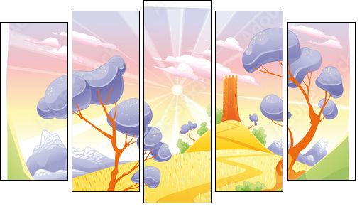 Landscape with tower. Funny cartoon and vector illustration. - Five-piece canvas print, Pentaptych