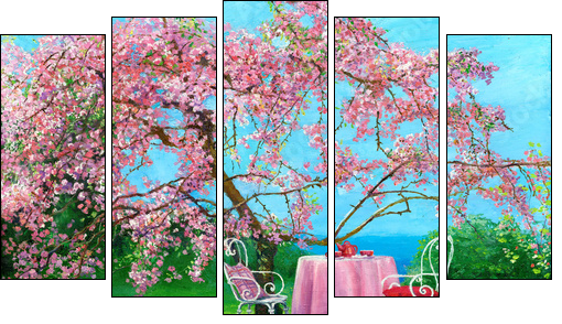 Blossoming plum in a spring garden - Five-piece canvas print, Pentaptych