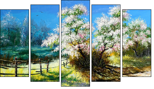 Blossoming bush on rural surburb - Five-piece canvas print, Pentaptych