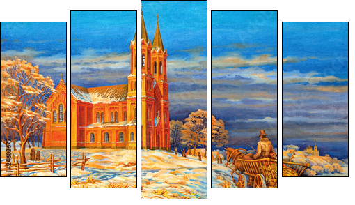 Rural winter landscape - Five-piece canvas print, Pentaptych