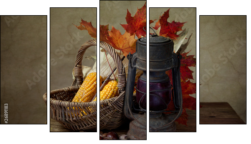 Herbstliches Stilleben mit Petroleumlampe und Mais in Weidenkorb - Five-piece canvas print, Pentaptych