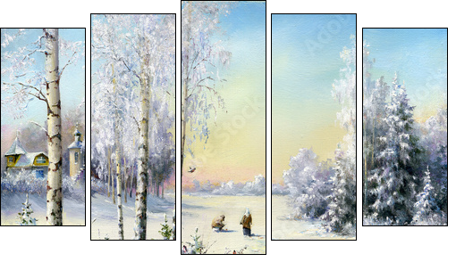 Winter village - Five-piece canvas print, Pentaptych