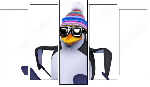 3d Penguin skiing like a pro - Five-piece canvas print, Pentaptych