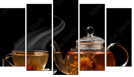 Glass teapot and a cup of green tea on a black background - Five-piece canvas print, Pentaptych