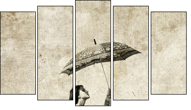 Girl with umbrella on bike. Photo in old image style. - Five-piece canvas print, Pentaptych