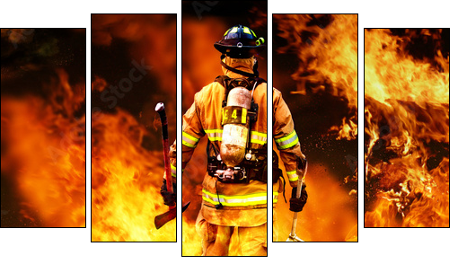 In to the fire, a Firefighter searches for possible survivors - Five-piece canvas print, Pentaptych