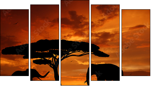 Silhouette two elephants in the sunset - Five-piece canvas print, Pentaptych