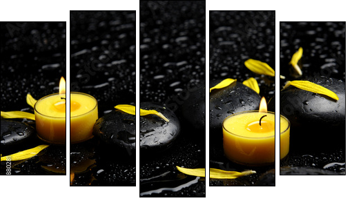 Spa concept-two candle with yellow flower petals on pebbles - Five-piece canvas print, Pentaptych