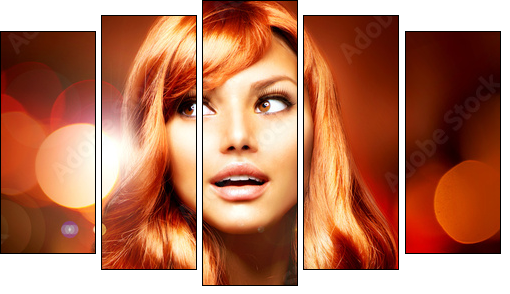 Beautiful Girl With Shiny Red Long Hair over Blinking Background - Five-piece canvas print, Pentaptych