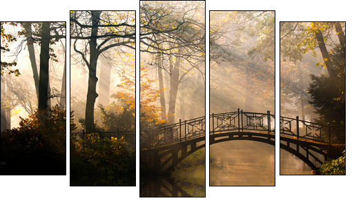 Autumn - Old bridge in autumn misty park - Five-piece canvas print, Pentaptych