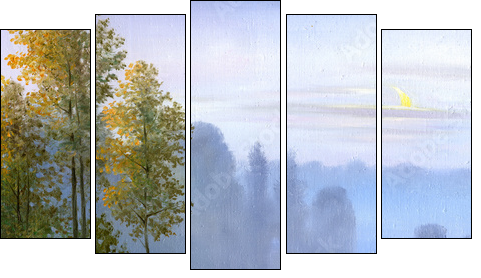 the boat on the bank of the lake, a canvas, oil - Five-piece canvas print, Pentaptych
