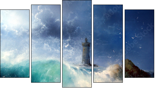 Seascape Wave and lighthouse - Five-piece canvas print, Pentaptych