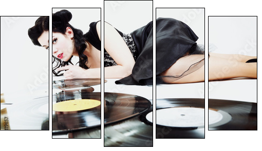 Sexy girl with phonography analogue record music lover - Five-piece canvas print, Pentaptych