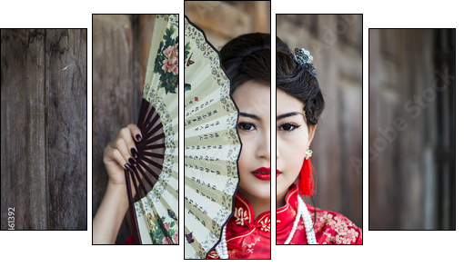 Chinese girl in traditional Chinese cheongsam blessing - Five-piece canvas print, Pentaptych