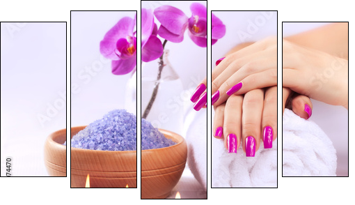 female hands with fragrant orchid and towel. Spa - Five-piece canvas print, Pentaptych