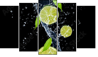 Limes in water splash, isolated on black background - Five-piece canvas print, Pentaptych