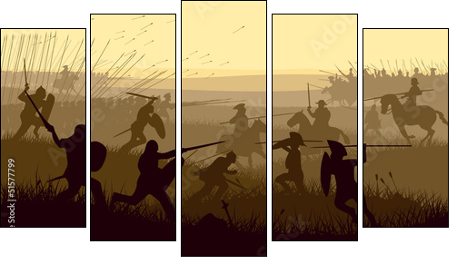 Abstract illustration of medieval battle. - Five-piece canvas print, Pentaptych