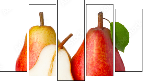 Ripe red pear fruits with green leaves isolated - Five-piece canvas print, Pentaptych