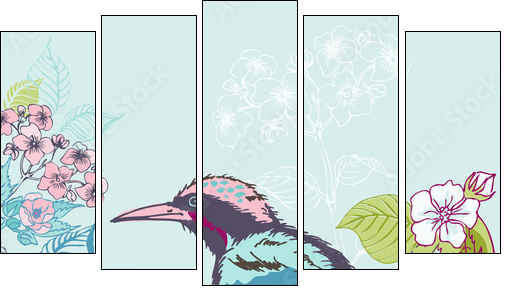 Bird with Flowers Background - for design and scrapbook - in vec - Five-piece canvas print, Pentaptych