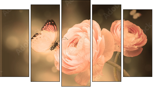 Bouquet of pink roses against a dark background  butterfly - Five-piece canvas print, Pentaptych