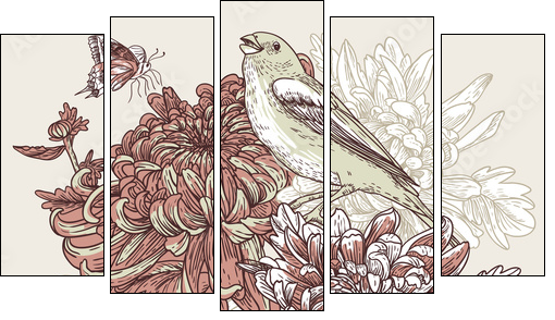 Flowers with bird illustration - Five-piece canvas print, Pentaptych