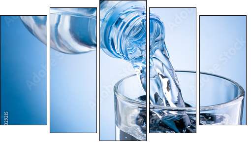 Pouring water from bottle into glass on blue background - Five-piece canvas print, Pentaptych