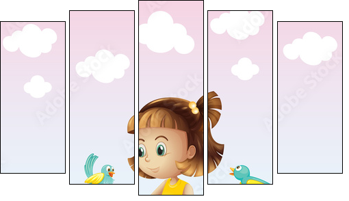 A young girl playing with the birds near the fence - Five-piece canvas print, Pentaptych