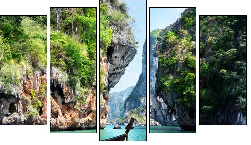 long boat and rocks on railay beach in Krabi, Thailand - Five-piece canvas print, Pentaptych