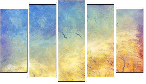 Digital oil painting autumn trees, flying birds - Five-piece canvas print, Pentaptych