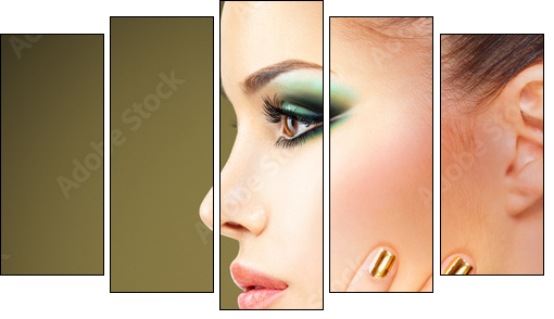 Glamour woman with beautiful golden nails and emerald ring - Five-piece canvas print, Pentaptych