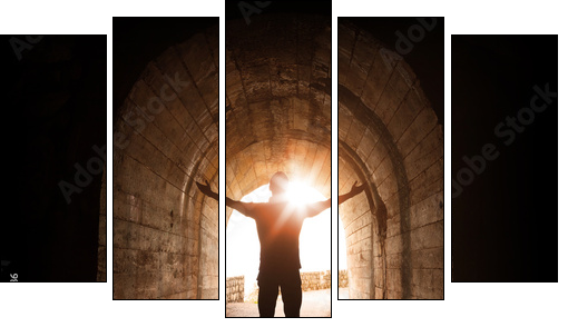 Man stands inside of old dark tunnel - Five-piece canvas print, Pentaptych