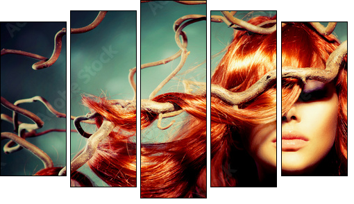 Fashion Model Woman Portrait with Long Curly Red Hair - Five-piece canvas print, Pentaptych