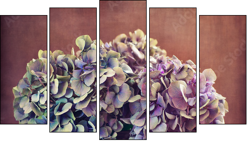 purple hydrangea flowers and a wooden heart on a table. - Five-piece canvas print, Pentaptych
