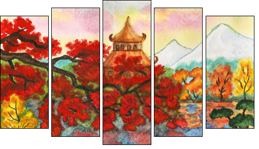 Autumn in Japan, painting - Five-piece canvas print, Pentaptych