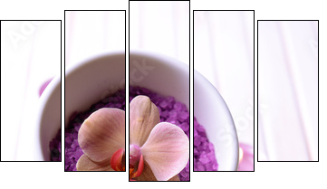 Still life with beautiful blooming orchid flower, towel and - Five-piece canvas print, Pentaptych