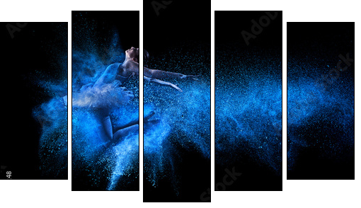 Young beautiful dancer jumping into blue powder cloud - Five-piece canvas print, Pentaptych