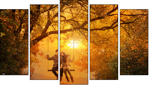 Romantic couple swing in the autumn park - Five-piece canvas print, Pentaptych