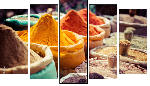 Indian colored spices at local market. - Five-piece canvas print, Pentaptych