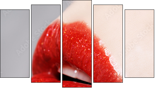 Beautiful female with red shiny lips close up - Five-piece canvas print, Pentaptych
