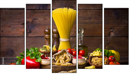 Variety of uncooked pasta and vegetables - Five-piece canvas print, Pentaptych