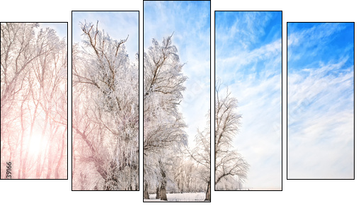 Winter time with river, trees and bright sun on a side - Five-piece canvas print, Pentaptych