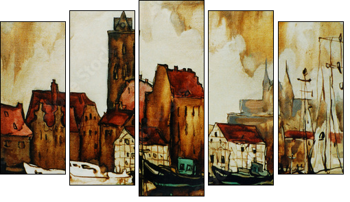 old harbour in the german city wismar, painting by oil on canvas - Five-piece canvas print, Pentaptych