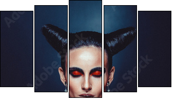 Beautiful woman in carnival costume. witch shape with Horns. - Five-piece canvas print, Pentaptych