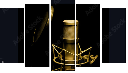 golden microphone isolated on black background - Five-piece canvas print, Pentaptych