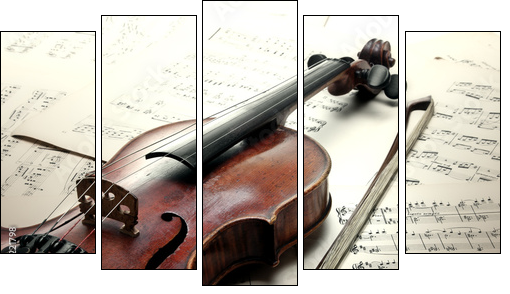 Old scratched violin with sheet music. Vintage style. - Five-piece canvas print, Pentaptych